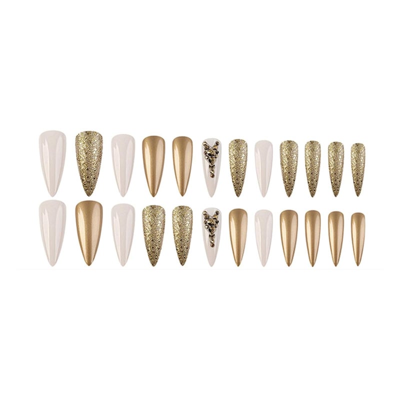 SINHOT Press on Nails Long Stiletto Fake Nails Luxury Rhinestones Acrylic Nails Glossy Glue on Nail Gold Glitter Almond Artificial Stick on False Nail with Design 24 pcs - Image 3